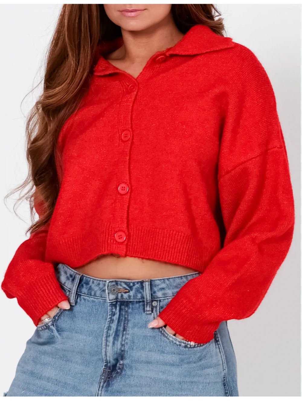 LANE 201 ❤️ Bright Red Button-Front Cropped Cardigan Le Lis NWOT